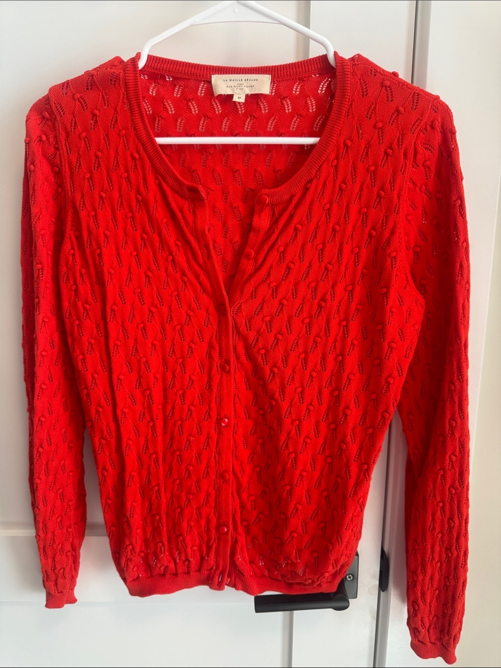 Sezane Vibrant Red Openwork Button-Front Cardigan